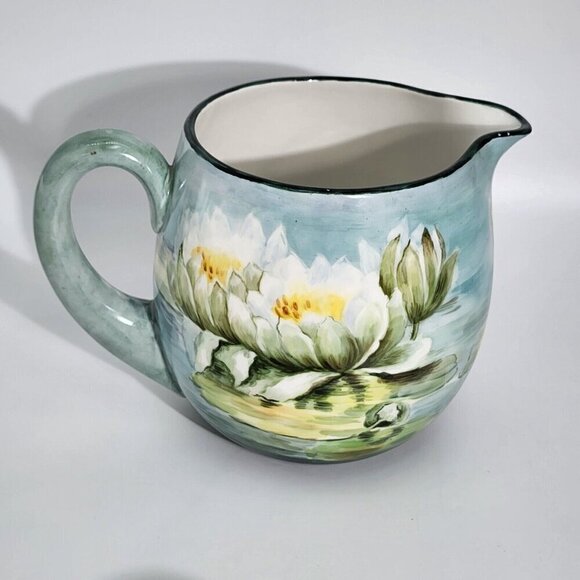 D&C France Vintage Hand Painted Pitcher and Glass Set of 7 Water Lily Green Trim - Picture 8 of 11